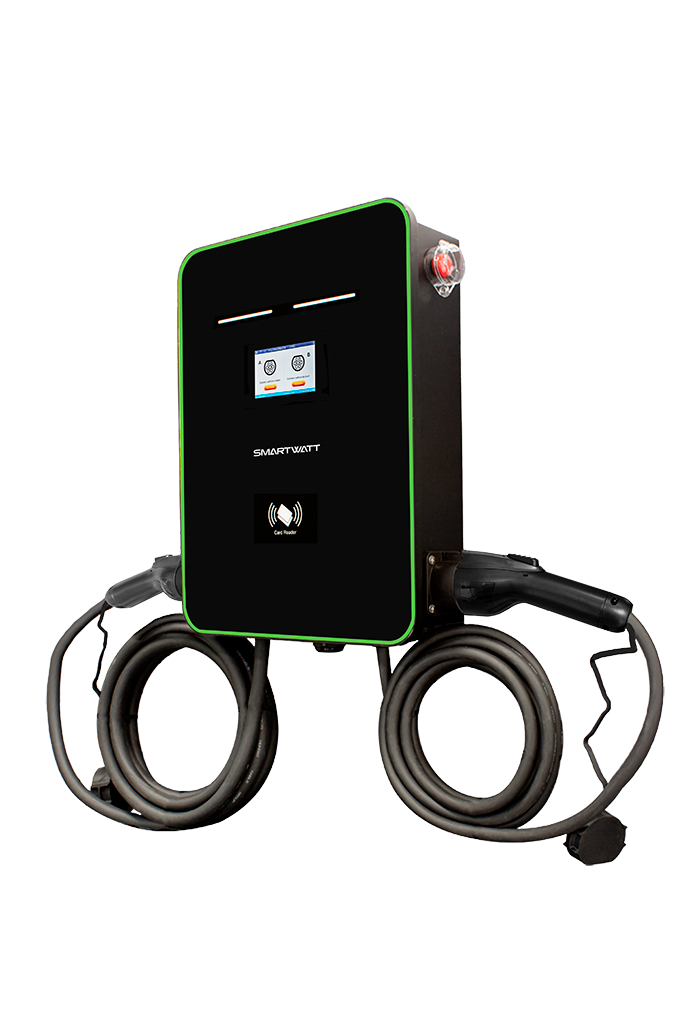 Автомобильная электрозарядная станция SMARTWATT EVC, 44 кВт, коммерческая OCPP 1.6J, переменный ток, 3 фазы 380 В, два поста по 22 кВт 32 А, кабели по 5 метров, коннекторы Type2, IP54 купить по цене 253260 руб..  Самые дешёвые цены на EVC